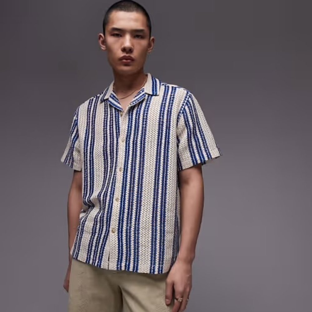 NWT Topman short sleeve relaxed striped crochet shirt in blue